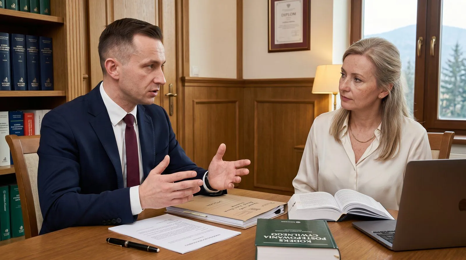 Wnętrze sądu — korytarz z kolumnami, teczki z aktami na ławce, formalna atmosfera procesowa