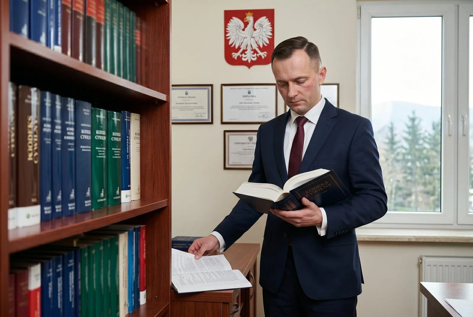 Eleganckie biuro kancelarii radcowskiej w Nowym Sączu — biurko z kodeksami i aktami, regał z książkami prawnymi, profesjonalne wnętrze