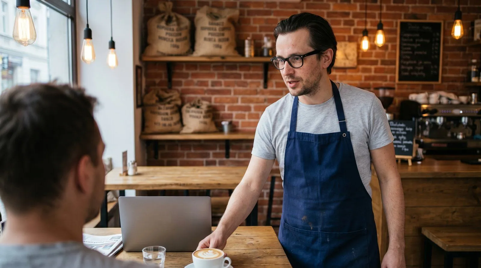 Mężczyzna stojący przy palarniku kawy w mikropalarni 5 kg — worki z zieloną kawą w tle, własna marka kawy specialty produkowanej w Radomiu