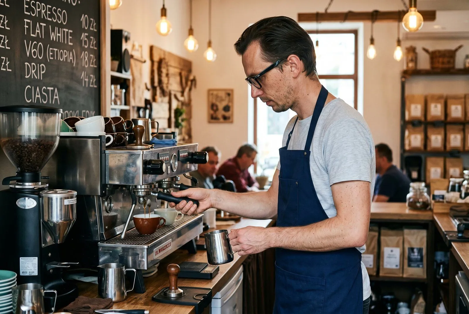 Wnętrze nowoczesnej kawiarni specialty w Radomiu — drewniany bar, espresso machine La Marzocco, barista serwujący latte art, drugi lokal sfinansowany pożyczką 158 tys. PLN od Horyzont Capital