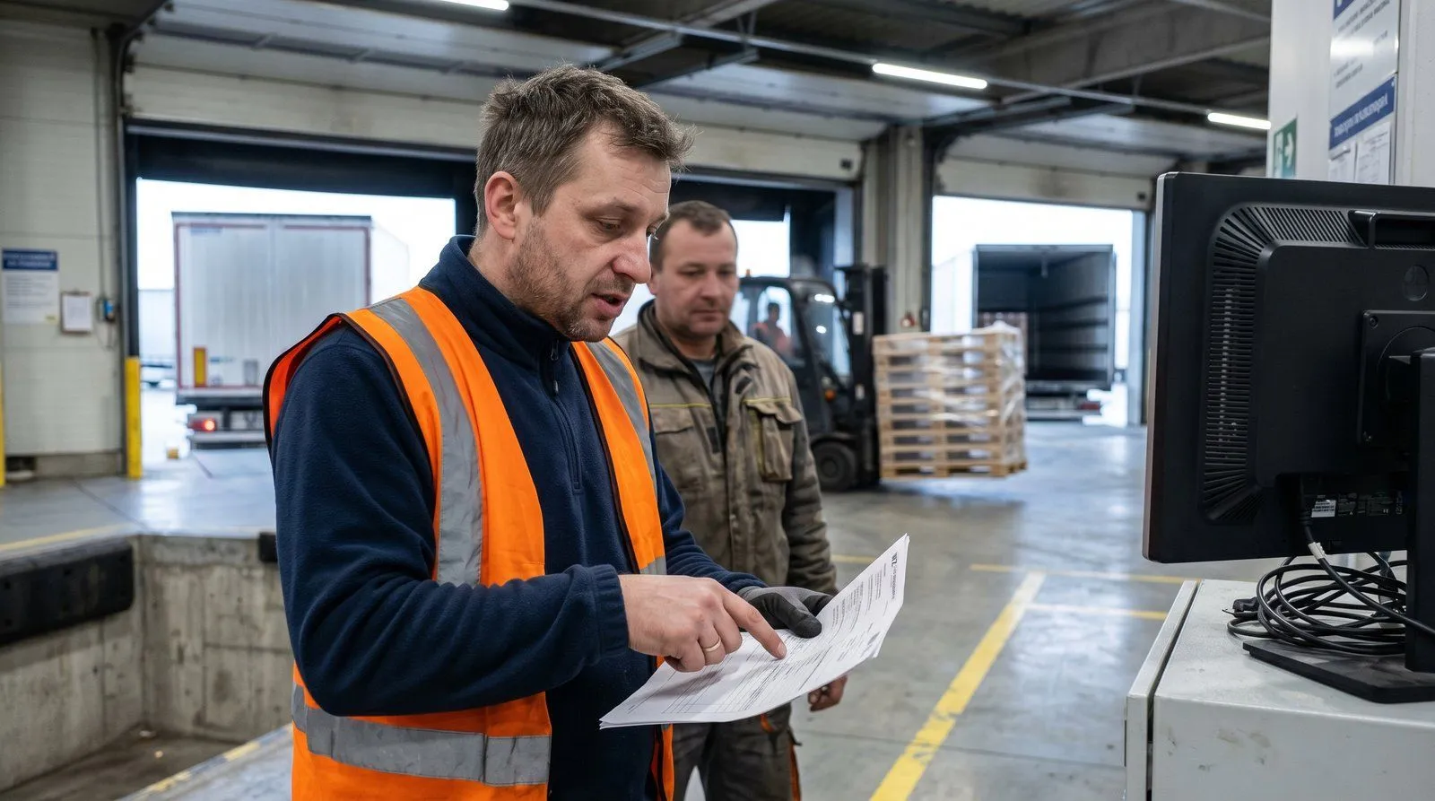 Dach hali magazynowej z panelami fotowoltaicznymi 50 kWp, widok z lotu ptaka, parking z naczepami