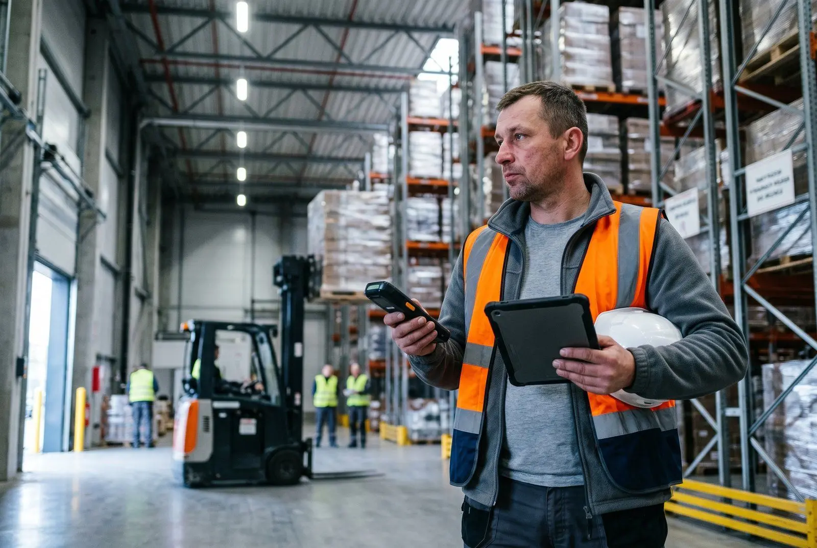 Wnętrze hali magazynowej pod Iławą — regały paletowe, wózek widłowy w ruchu, oświetlenie LED