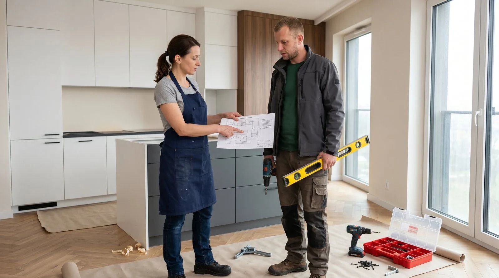 Stolarz przykręcający front szafki kuchennej w trakcie montażu — narzędzia na blacie, meble kuchenne na wymiar