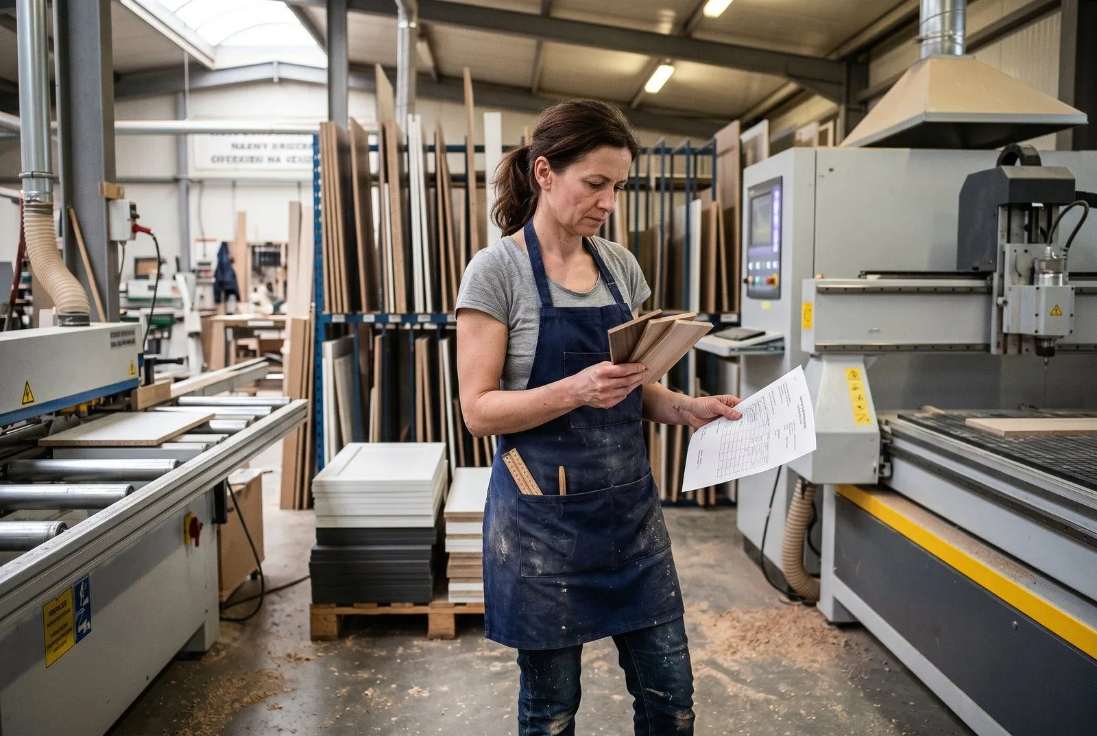 Mała hala produkcyjna mebli pod Węgrowem — piła formatowa, płyty drewnopochodne ułożone na regale, kobieta w fartuchu sprawdzająca plan produkcji