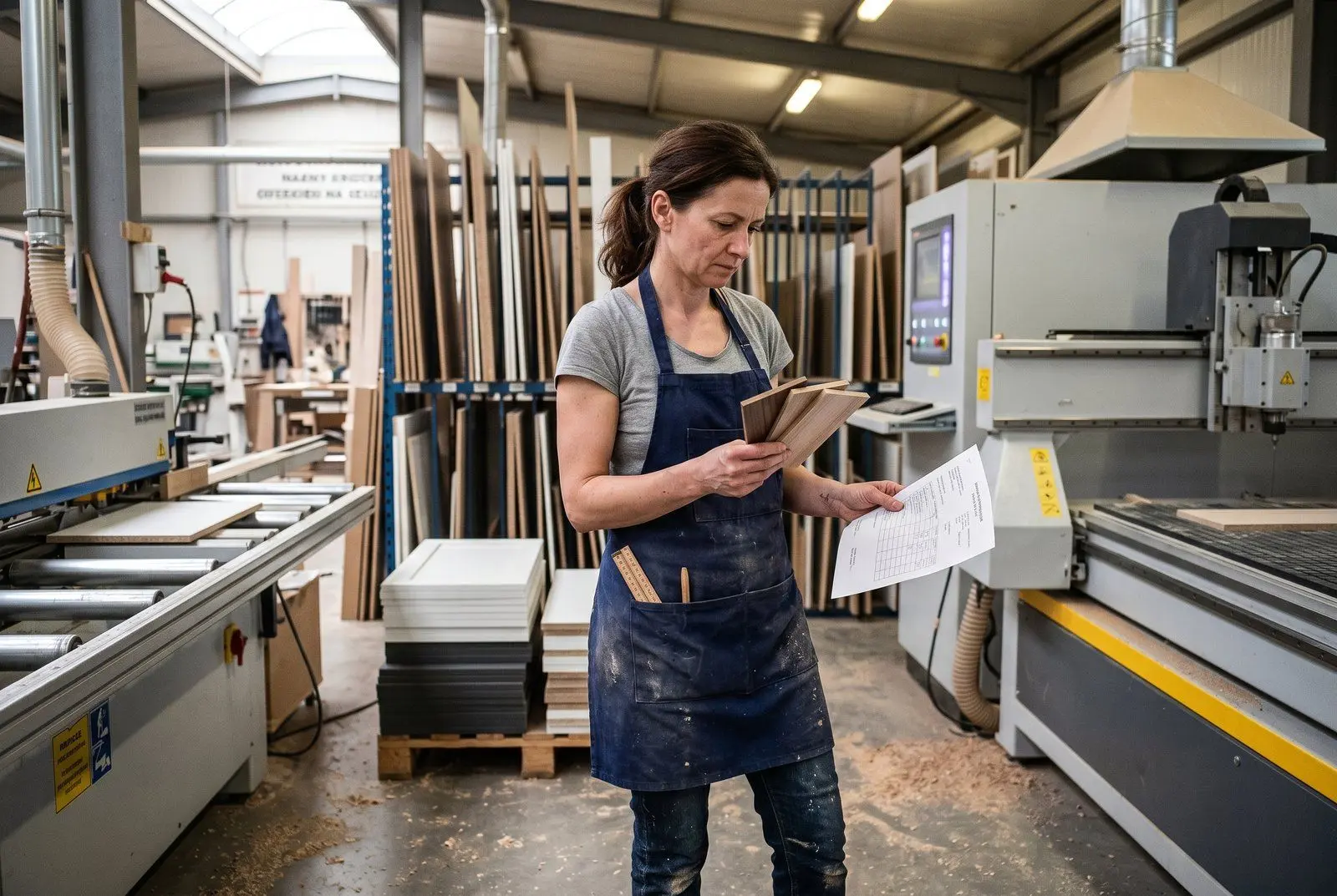 Mała hala produkcyjna mebli pod Węgrowem — piła formatowa, płyty drewnopochodne ułożone na regale, kobieta w fartuchu sprawdzająca plan produkcji