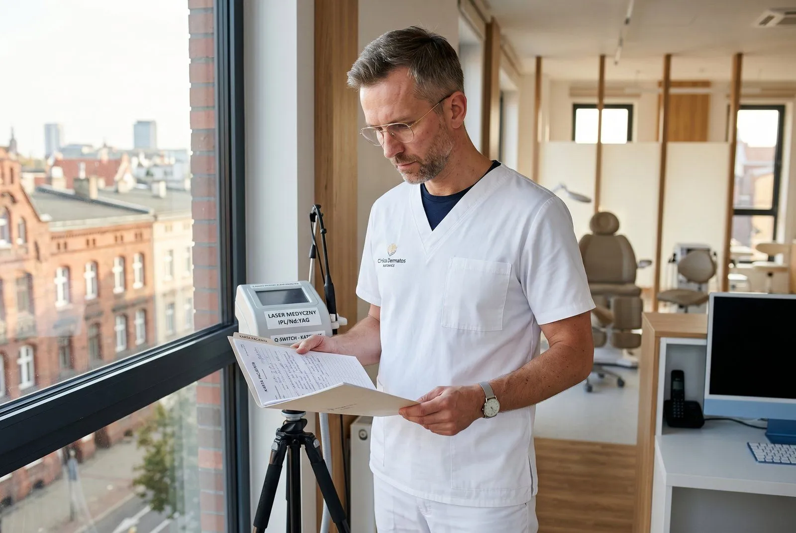 Nowoczesna klinika medycyny estetycznej w Katowicach — jasne wnętrze z fotelem zabiegowym i laserem dermatologicznym, inwestycja sfinansowana pożyczką Horyzont Capital 515 tys. PLN