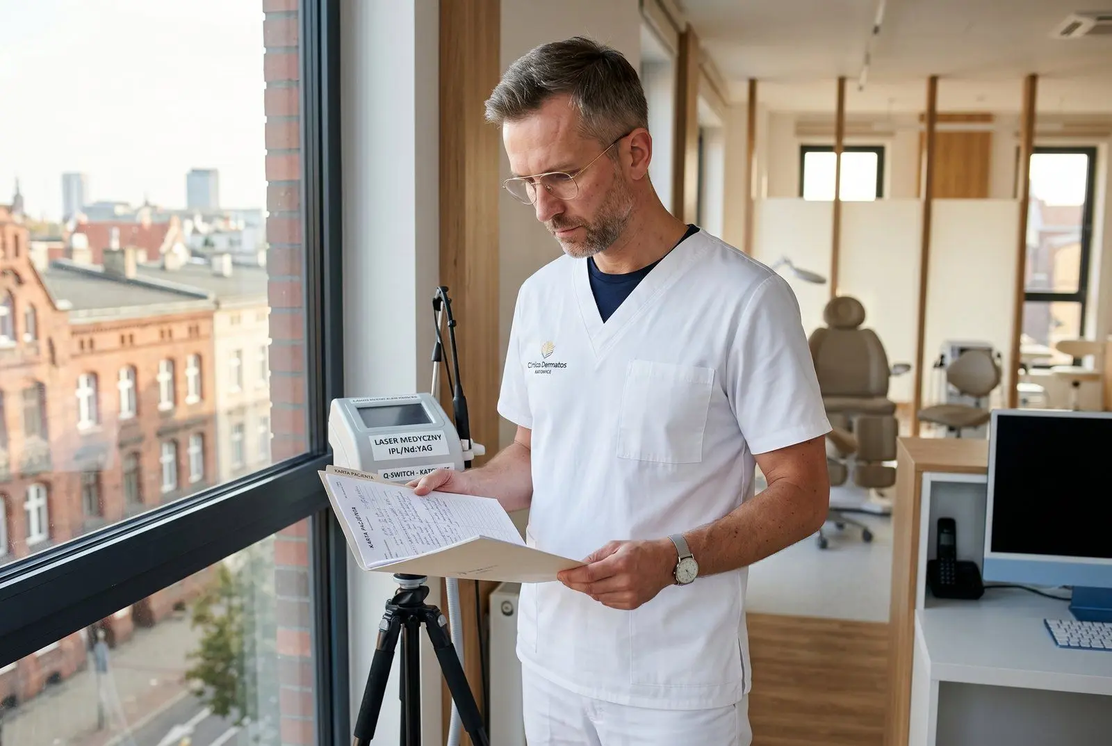 Nowoczesna klinika medycyny estetycznej w Katowicach — jasne wnętrze z fotelem zabiegowym i laserem dermatologicznym, inwestycja sfinansowana pożyczką Horyzont Capital 515 tys. PLN