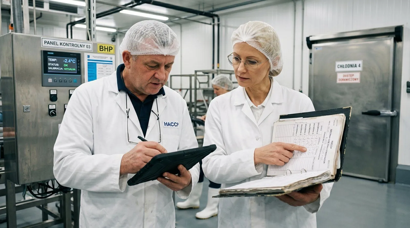 Komora wędzarnicza otwarta — wędliny wiszące na drążkach, dym w tle, mężczyzna w fartuchu kontrolujący produkt