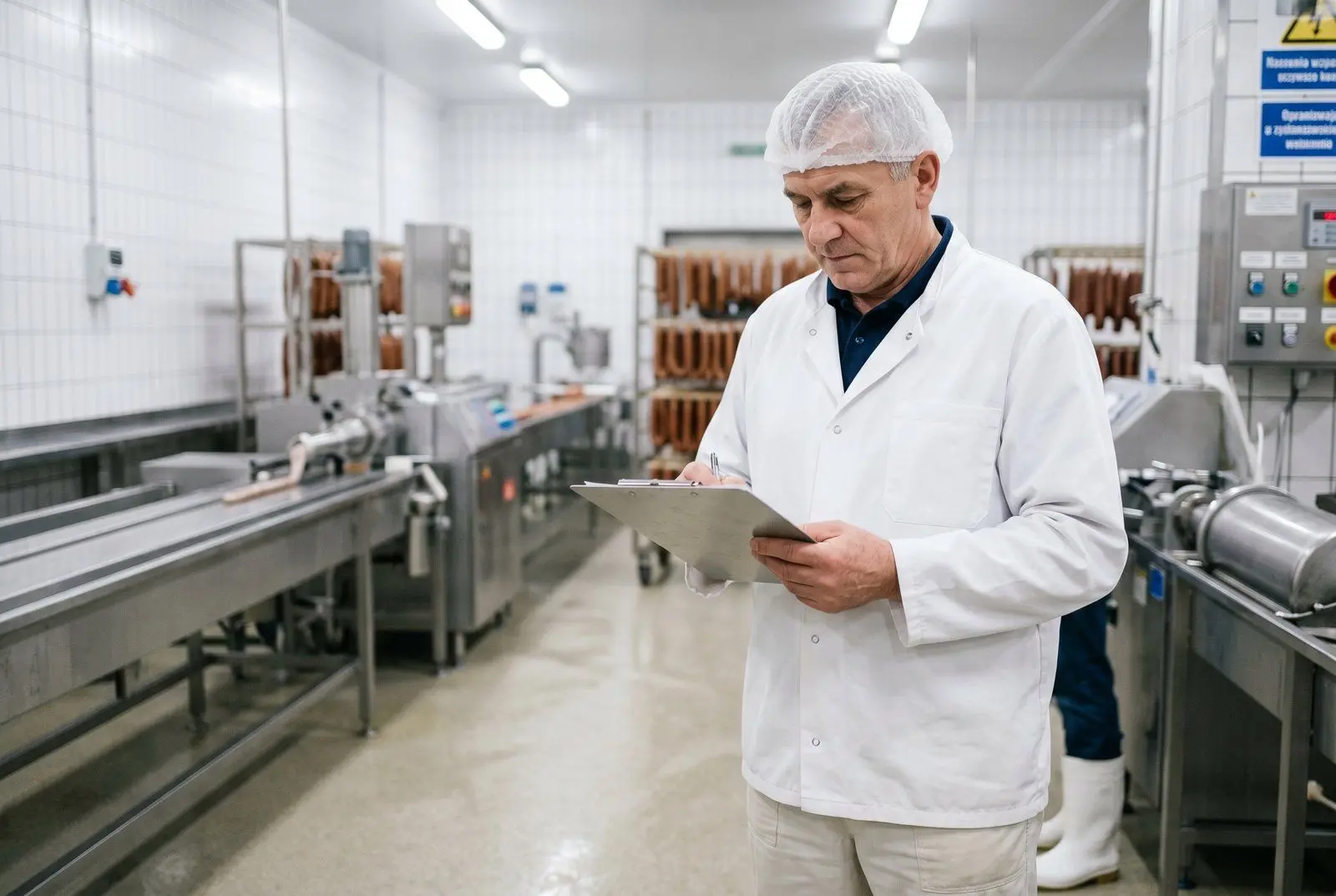 Wnętrze przetwórni mięsnej z Nowego Sącza — linia pakująca MAP, pracownicy w białych fartuchach i czepkach, kiełbasy na taśmie produkcyjnej