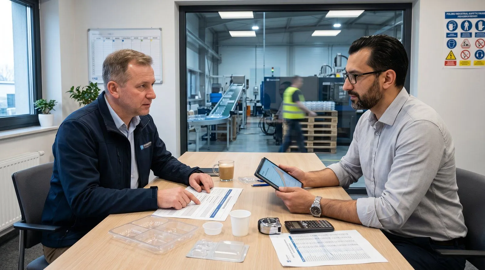 Regał z gotowymi opakowaniami z tworzyw sztucznych — kubki, pojemniki, tacki — w tle hala z 8 wtryskarkami w produkcji ciągłej