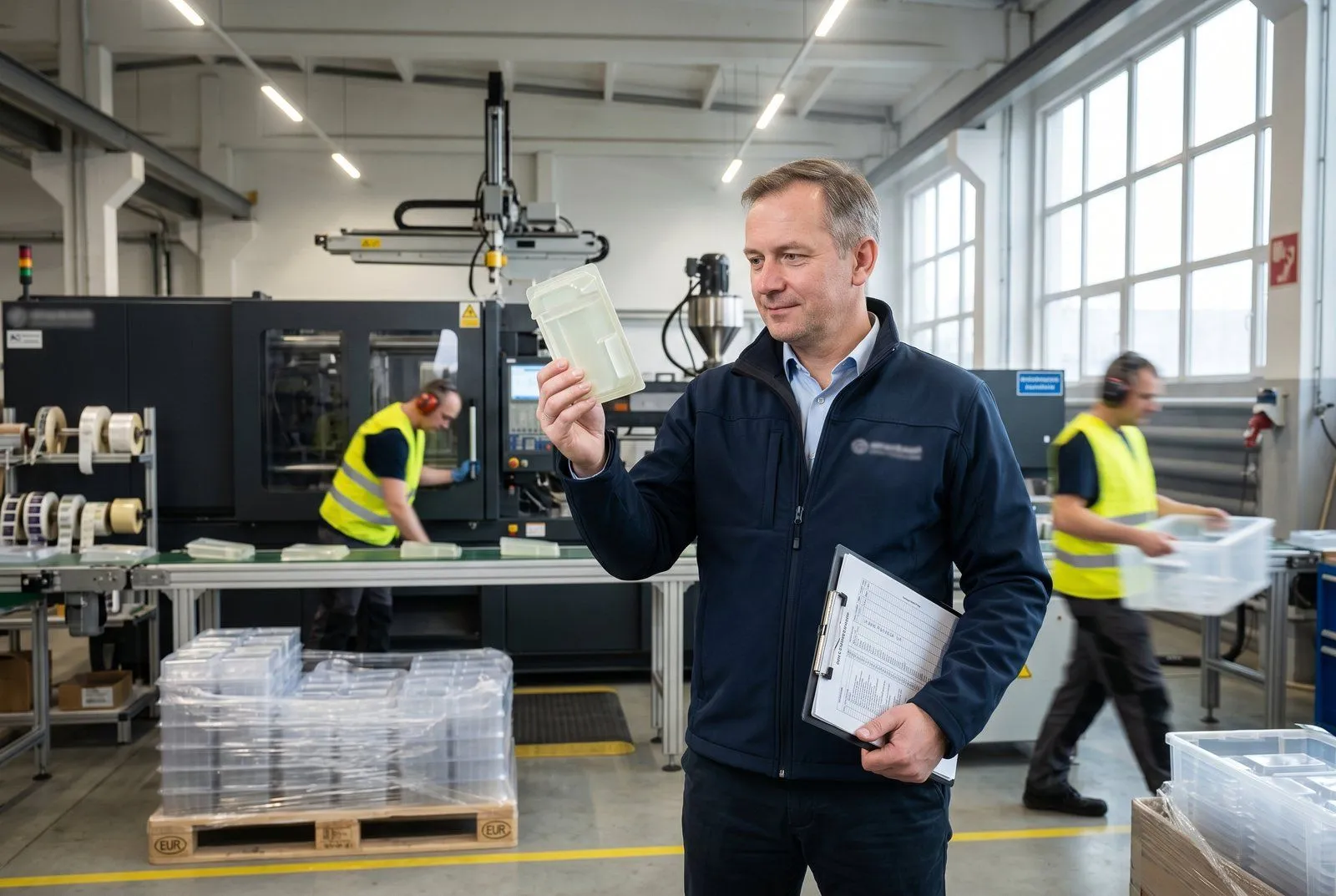 Hala produkcyjna z wtryskarkami do tworzyw sztucznych w Gdyni — operator w rękawicach kontrolujący formę, pojemniki plastikowe na taśmie, oświetlenie przemysłowe