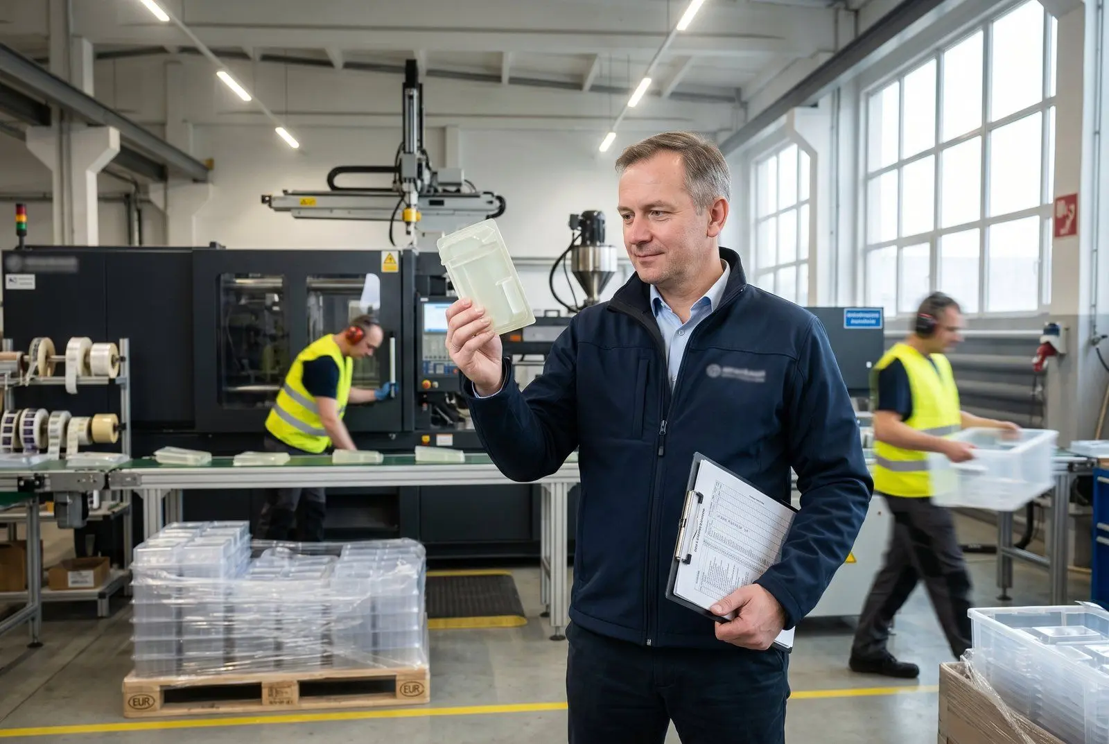 Hala produkcyjna z wtryskarkami do tworzyw sztucznych w Gdyni — operator w rękawicach kontrolujący formę, pojemniki plastikowe na taśmie, oświetlenie przemysłowe