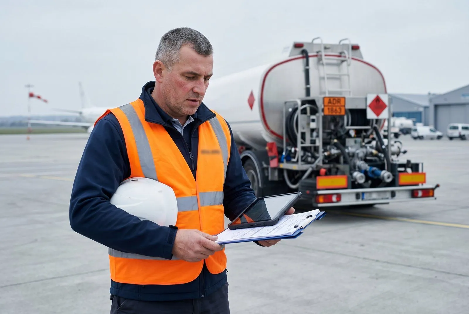 Naczepa cysternowa ze stali nierdzewnej zaparkowana na terminalu paliwowym pod Łodzią — poranna mgła, oświetlenie przemysłowe, oznaczenia ADR
