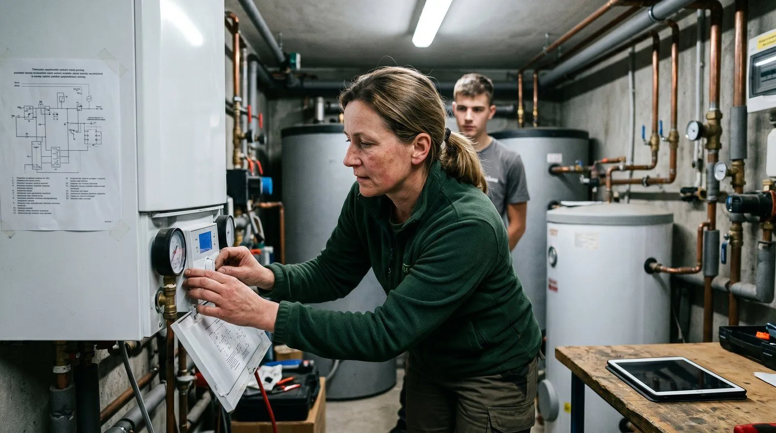 Montaż pompy ciepła gruntowej — odwiert i rury sondy cieplnej na placu budowy szkoły w powiecie rypińskim, inwestycja zabezpieczona pakietem 2 nieruchomości