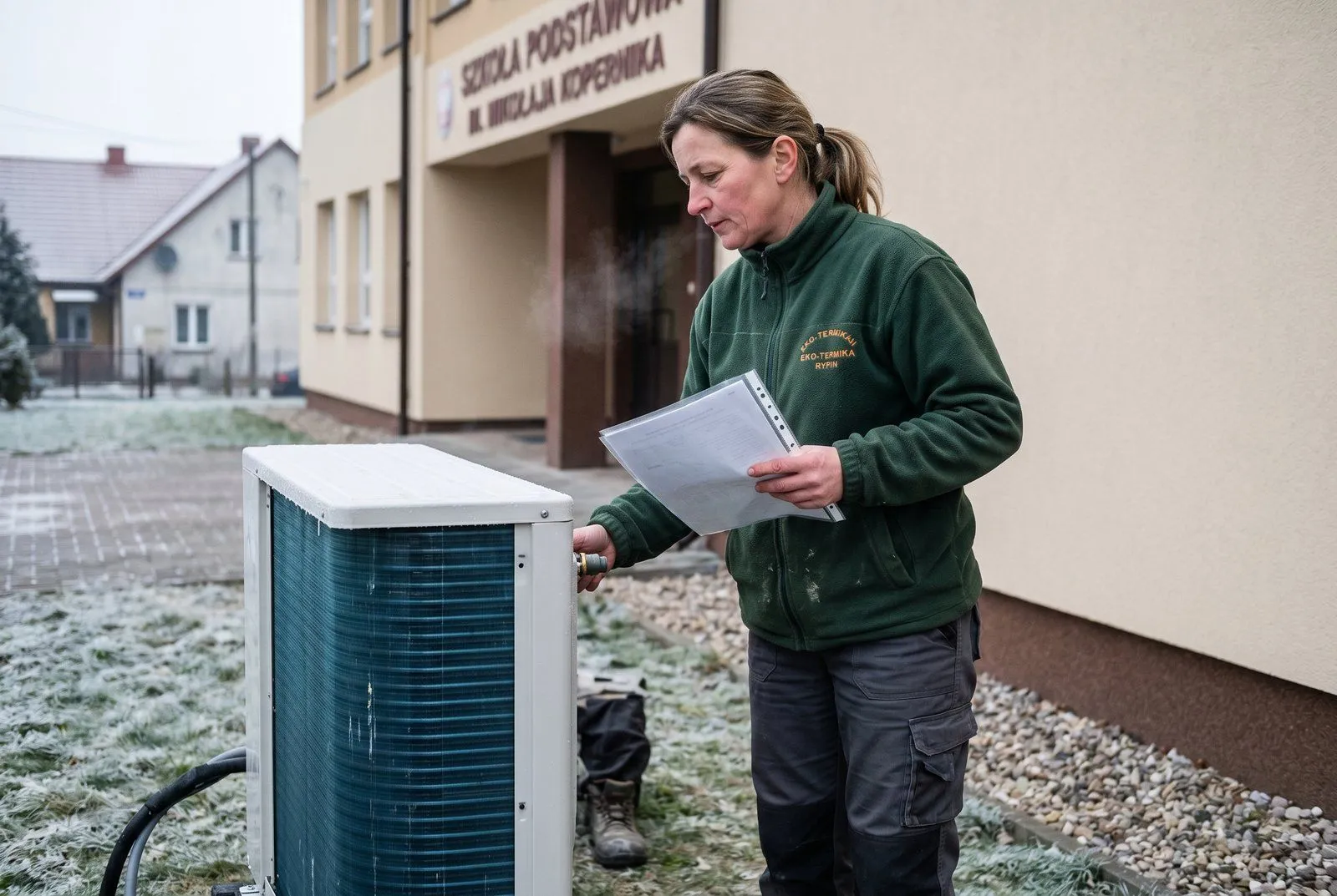 Kobieta w bluzie roboczej przy pompie ciepła powietrznej zamontowanej na zewnątrz budynku szkoły w Rypinie — kontrakt samorządowy na termomodernizację sfinansowany pożyczką 473 tys. PLN od Horyzont Capital