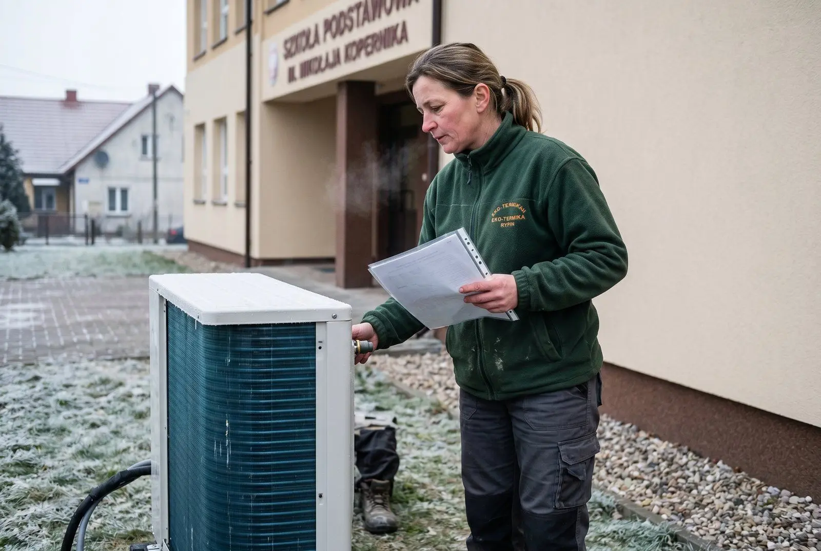 Kobieta w bluzie roboczej przy pompie ciepła powietrznej zamontowanej na zewnątrz budynku szkoły w Rypinie — kontrakt samorządowy na termomodernizację sfinansowany pożyczką 473 tys. PLN od Horyzont Capital