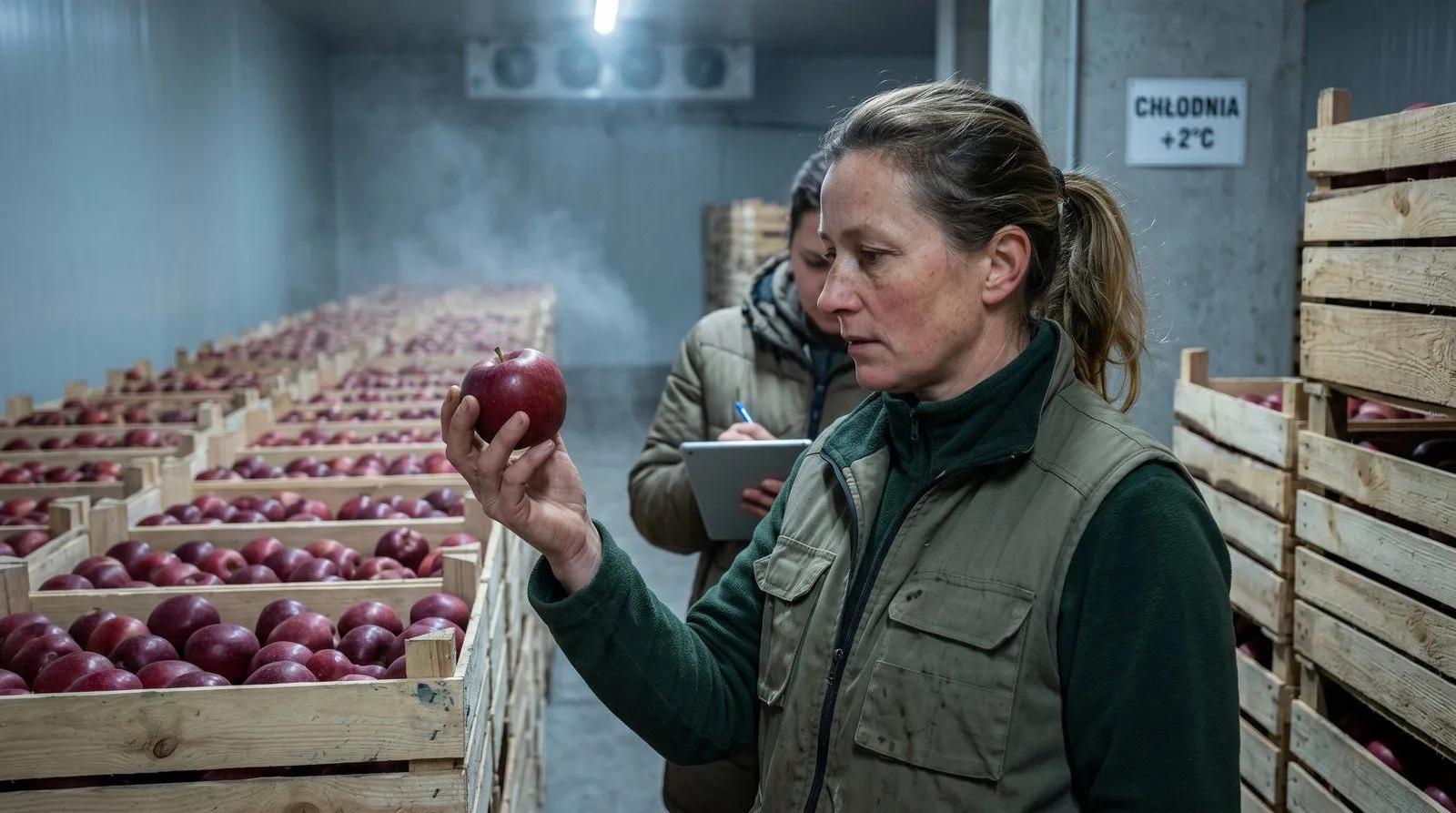 Skrzynki drewniane z jabłkami w sortowni, system chłodniczy na 80 ton