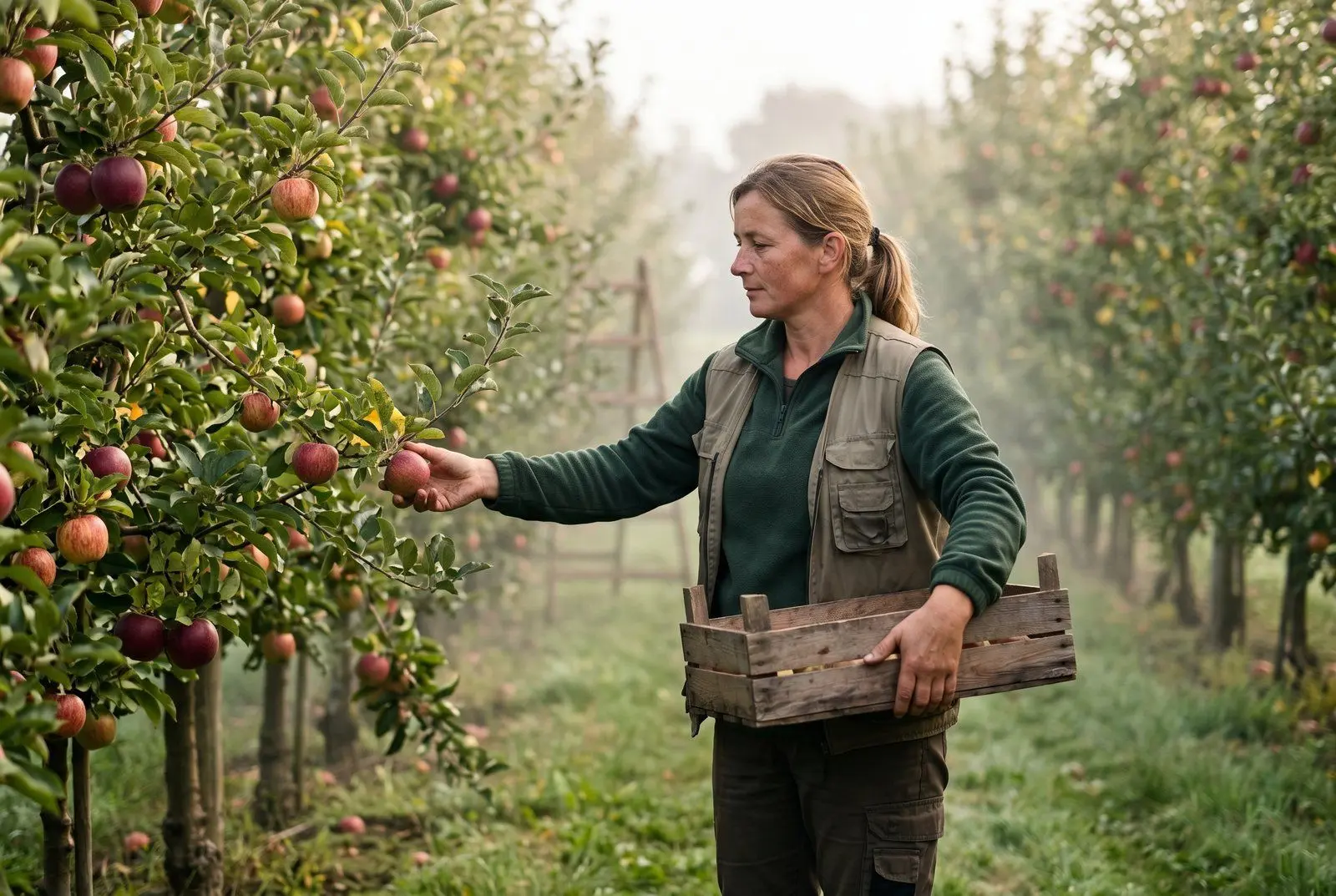 Sad jabłoniowy pod Lipnem wczesną wiosną, kwitnące drzewka w równych rzędach