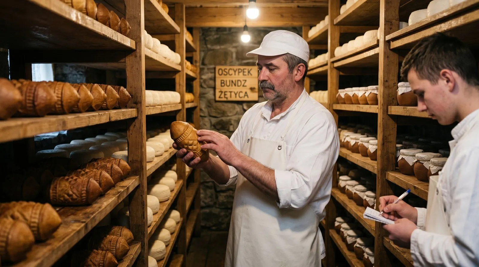 Wnętrze zakładu przetwórstwa mlecznego pod Nowym Targiem — chłodnia z dojrzewającymi serami podpuszczkowymi