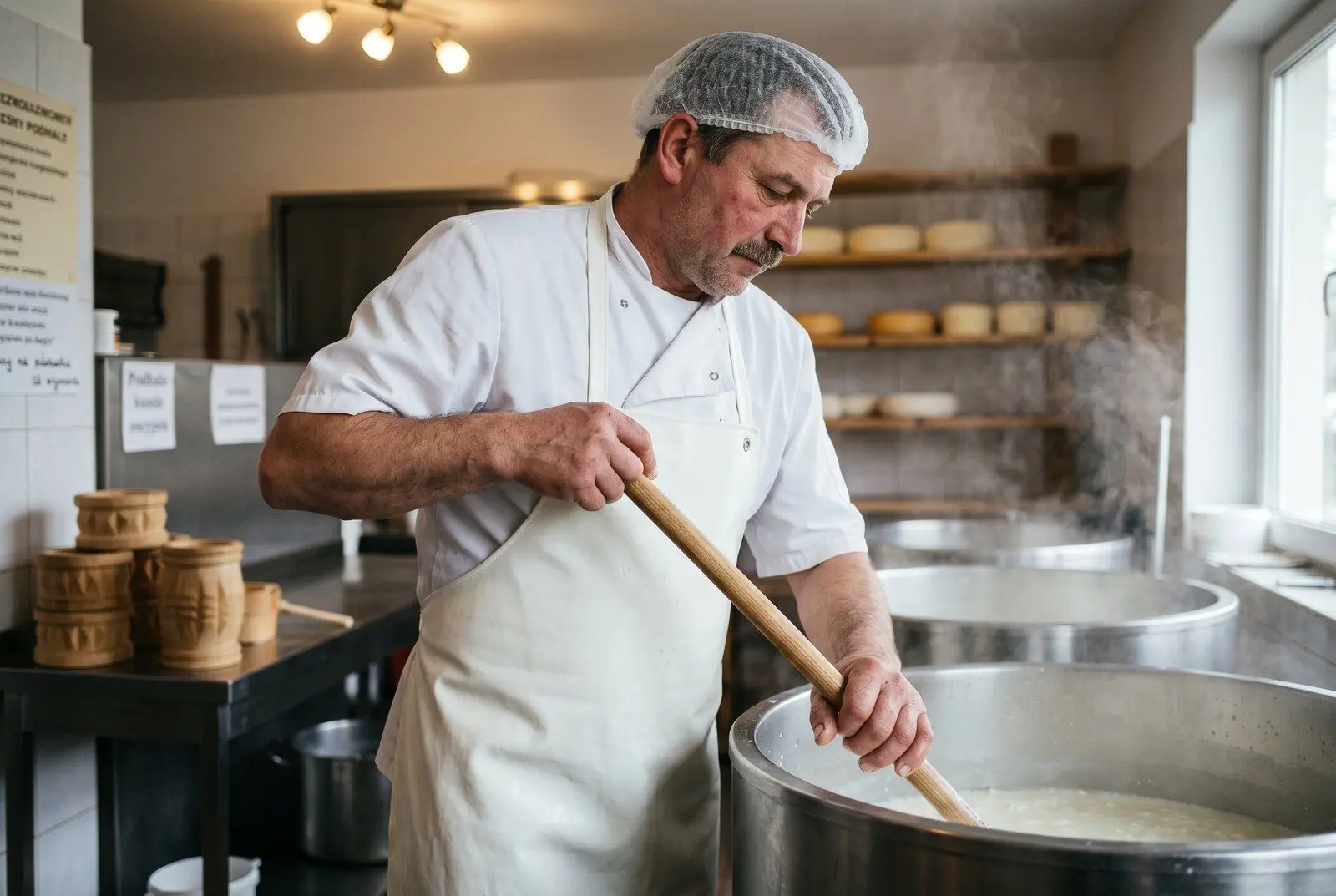 Serowar w białym fartuchu sprawdzający kręgi sera dojrzewającego na drewnianych półkach w serowni regionalnej