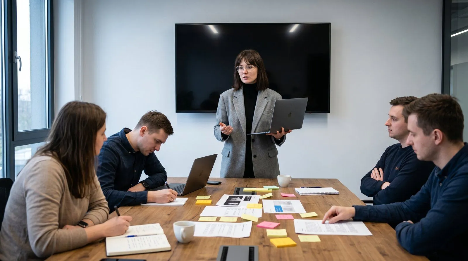 Zespół developerów na daily stand-up — kobieta prowadząca dyskusję, whiteboard z diagramem architektury systemu OMS dla sieci retail, projekt o wartości 1,8 mln PLN