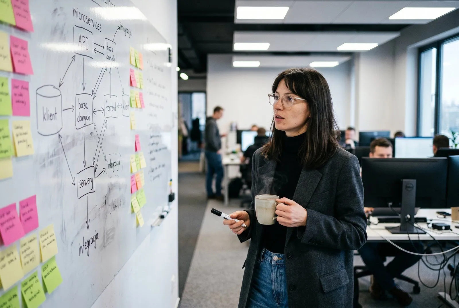 Kobieta przy biurku z dwoma monitorami w nowoczesnym biurze e-commerce tech w Poznaniu — kod na jednym monitorze, dashboard marketplace na drugim, firma sfinansowana pożyczką 515 tys. PLN od Horyzont Capital