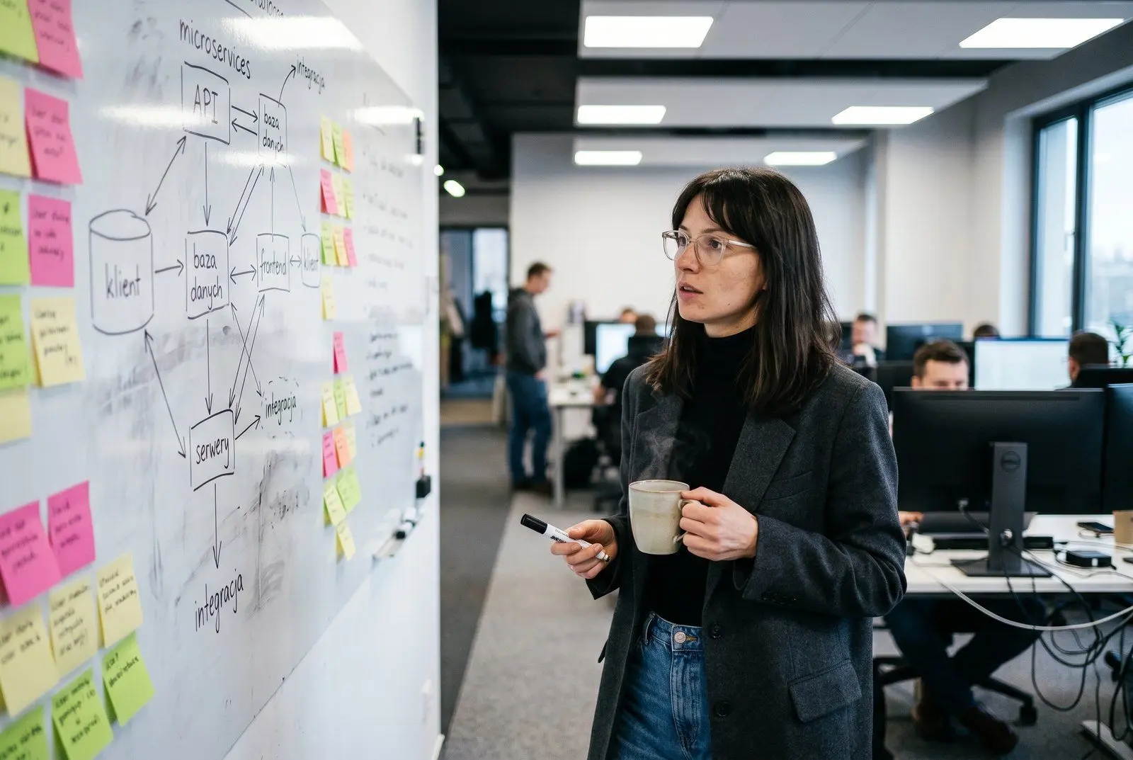 Kobieta przy biurku z dwoma monitorami w nowoczesnym biurze e-commerce tech w Poznaniu — kod na jednym monitorze, dashboard marketplace na drugim, firma sfinansowana pożyczką 515 tys. PLN od Horyzont Capital