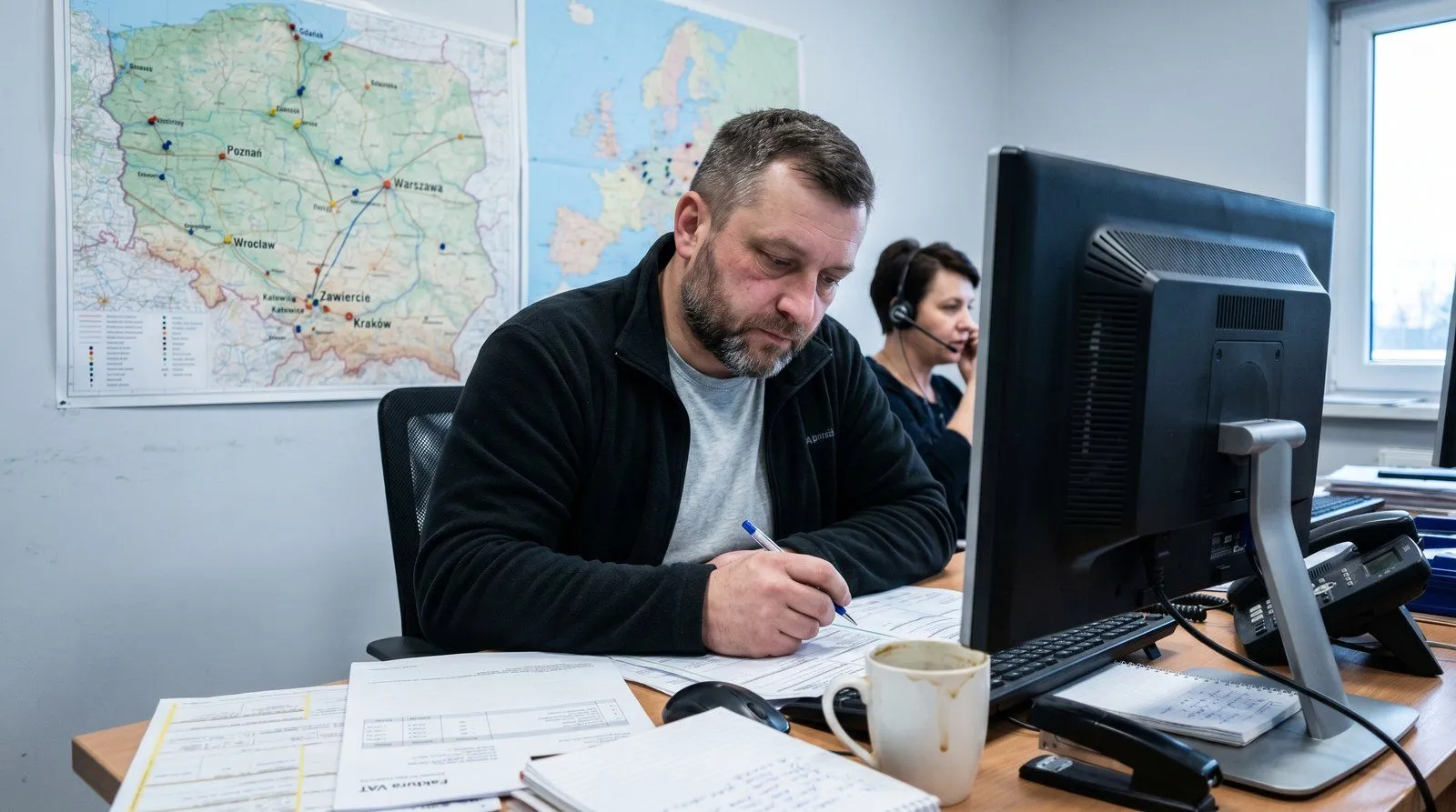 Terminal przeładunkowy z naczepami przewoźników w nocy, oświetlenie LED, ruch kontenerów