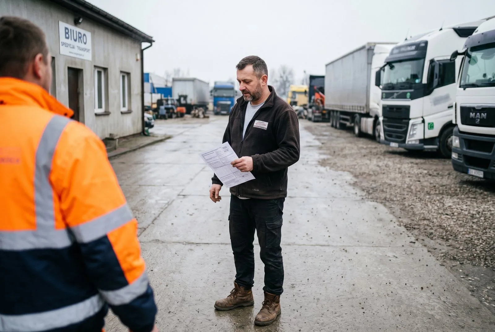 Biuro spedycji w Zawierciu — dyspozytor przy 2 monitorach z mapą tras Śląsk-Mazowsze i listą zleceń