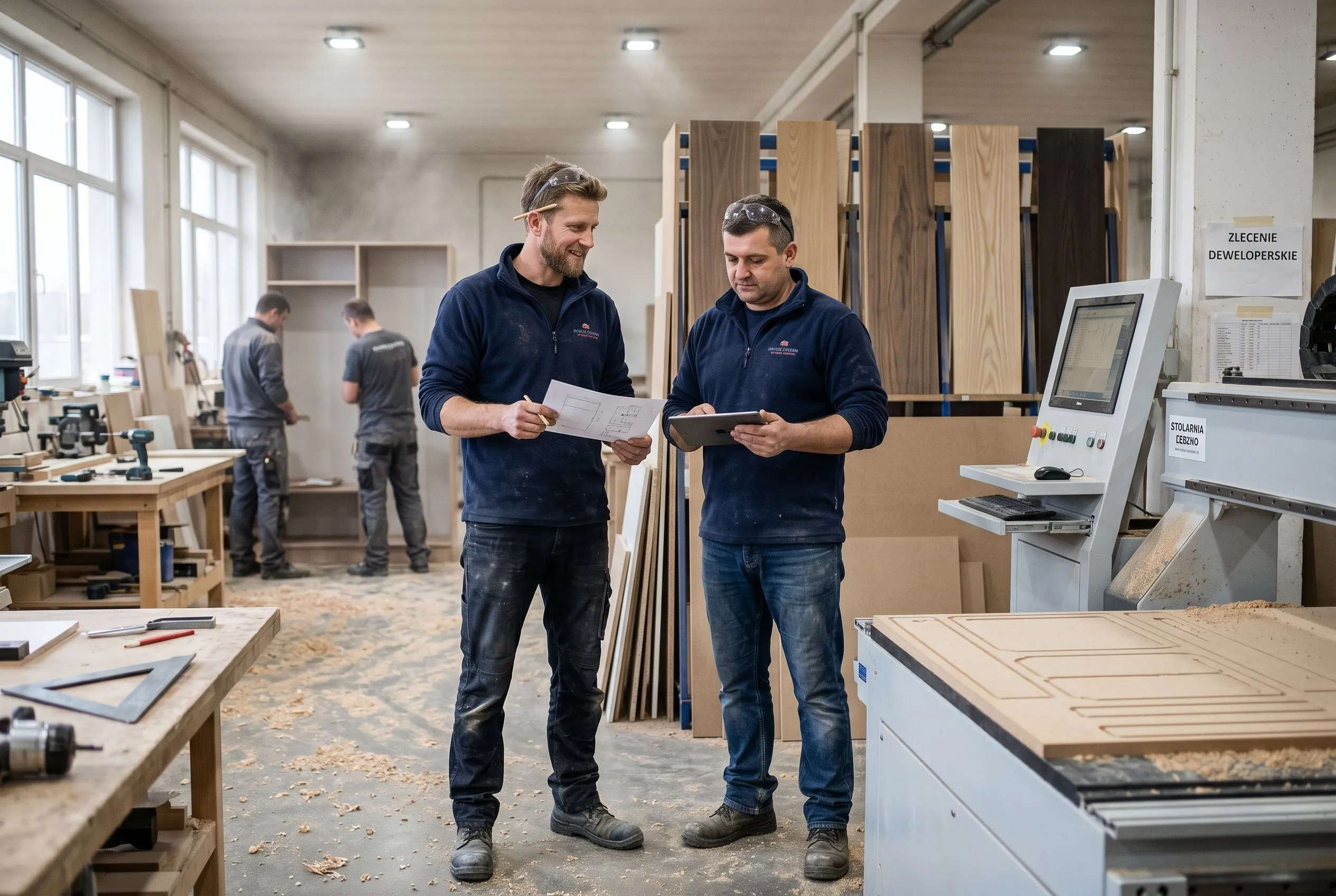 Wnętrze warsztatu stolarskiego firmy wykończeniowej z Leszna — Pan Paweł i Pan Marek przy maszynie CNC, w tle stos fornirów i gotowe elementy zabudowy kuchennej