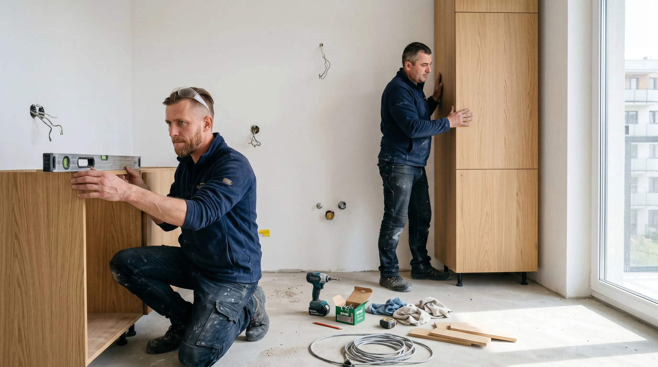 Zespół firmy wykończeniowej z Leszna w trakcie montażu zabudowy na wymiar — kuchnia z fornirem i nowoczesna łazienka w apartamencie deweloperskim w Poznaniu