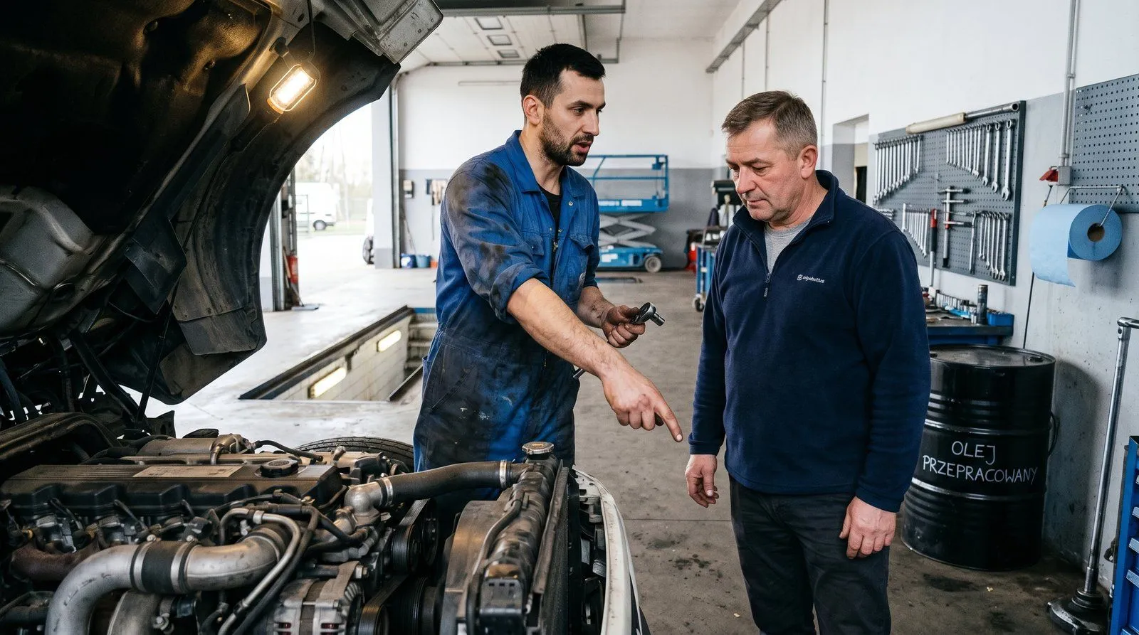 Widok z góry na parking ciężarówek przy autostradzie — kilka ciągników z naczepami, oświetlenie nocne, baza transportowa