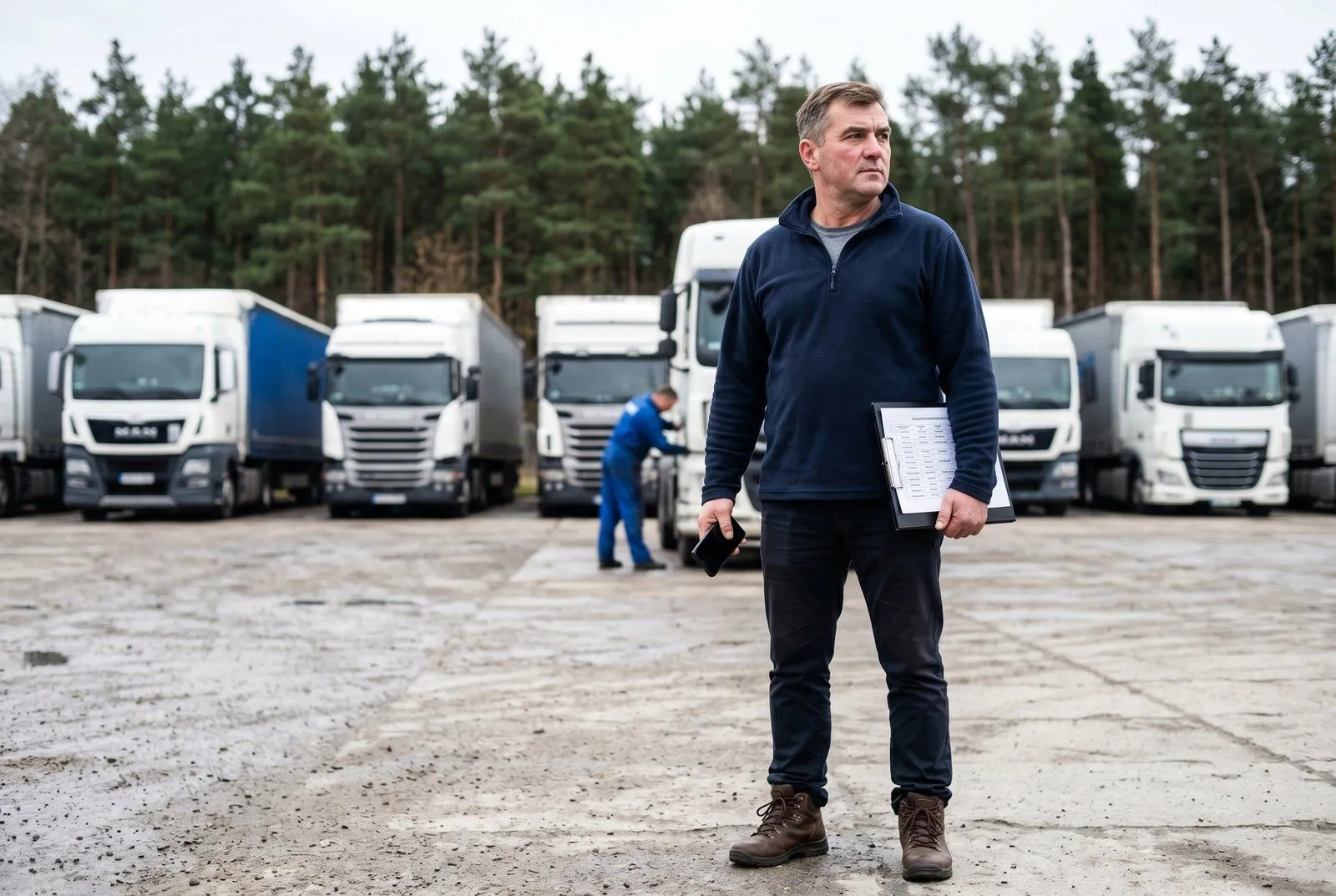 Ciągnik siodłowy Scania z naczepą kurtynową na parkingu TIR pod Iławą — wieczorne światło, transport międzynarodowy Polska–Niemcy–Beneluks