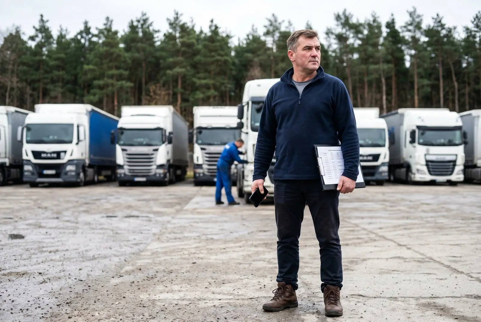 Ciągnik siodłowy Scania z naczepą kurtynową na parkingu TIR pod Iławą — wieczorne światło, transport międzynarodowy Polska–Niemcy–Beneluks