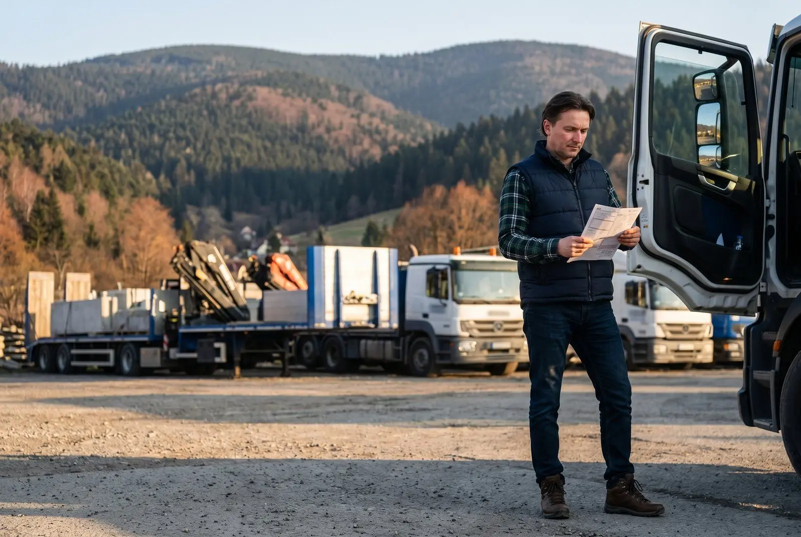 Ciągnik z zabudową HDS rozładowujący prefabrykaty betonowe na placu budowy drogi ekspresowej S7 — żuraw hydrauliczny w akcji, w tle maszyny budowlane