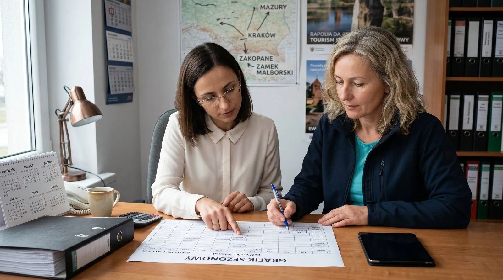 Kobieta w kurtce firmowej stojąca obok minibusa na parkingu — notatnik w ręku, w tle budynki przemysłowe strefy ekonomicznej