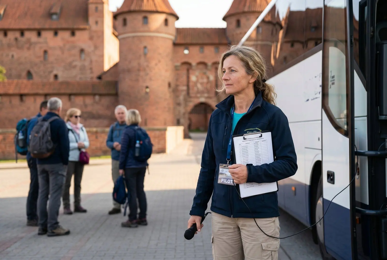 Biały bus Mercedes Sprinter zaparkowany przed szkołą w okolicach Malborka — wieczorne światło, kierowca przy drzwiach przed wycieczką szkolną