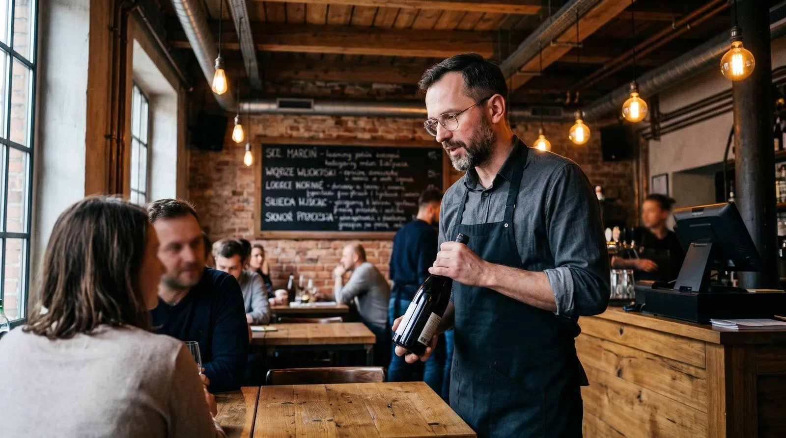 Barman z 8-letnim stażem przy stylowym barze w wine barze w Łodzi — koktajl w trakcie przygotowywania, industrialne wnętrze koktajlbaru przy OFF Piotrkowska