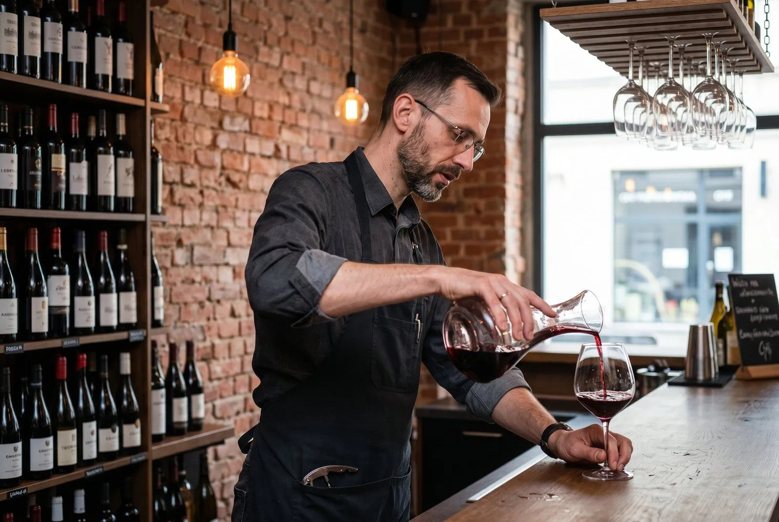 Wnętrze wine baru przy OFF Piotrkowska w Łodzi — ceglana ściana, drewniany bar, półki z butelkami wina, ciepłe oświetlenie, lokal sfinansowany pożyczką 350 tys. PLN od Horyzont Capital, spłaconą przed terminem