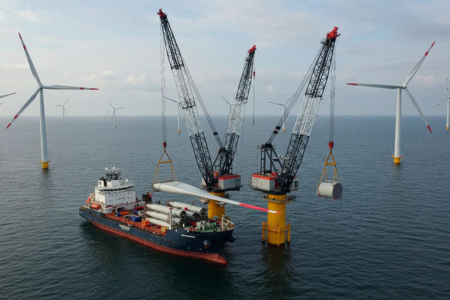 Farma wiatrowa offshore - montaż turbin wiatrowych na morzu przez statek specjalistyczny
